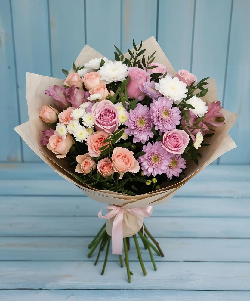 Букет цветов из: Хризантемы, Розы и Альстромерии в Веселое Адлер