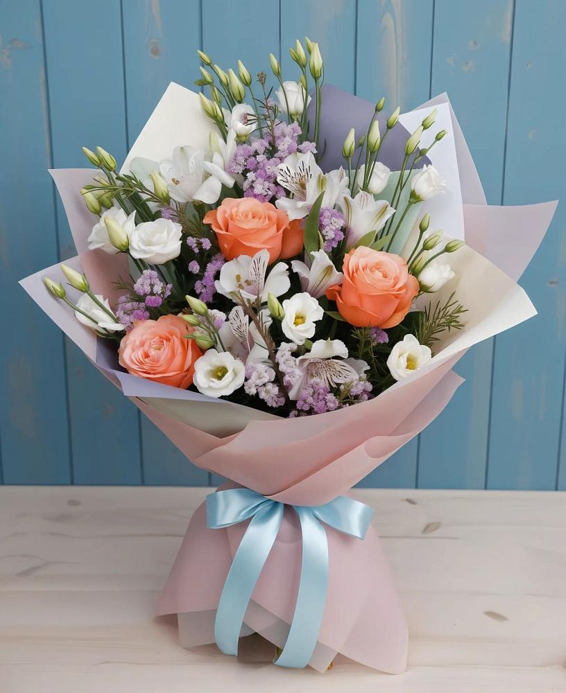 Букет цветов из: Лизиантусы, Розы, Альстромерии и Гипсофила в Веселое Адлер