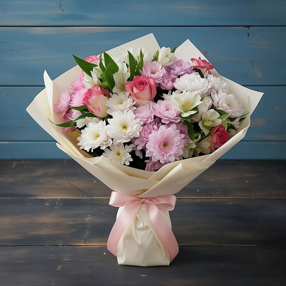 Букет цветов из: Хризантемы, Альстромерии и Розы в Веселое Адлер